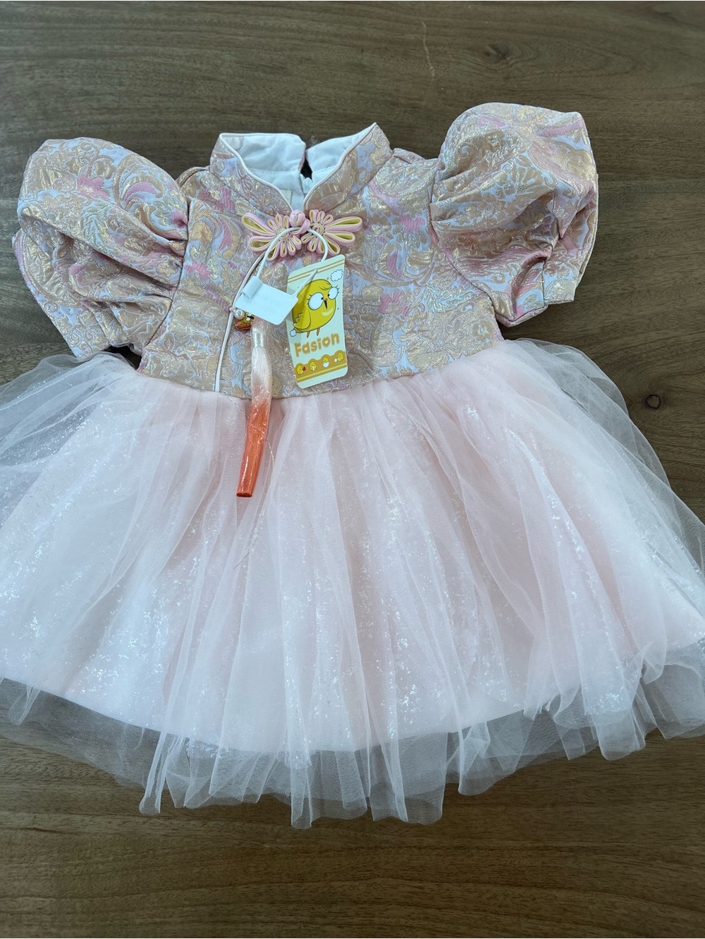 Pink Brocade Puff-Sleeve and Tulle Dress for Toddlers